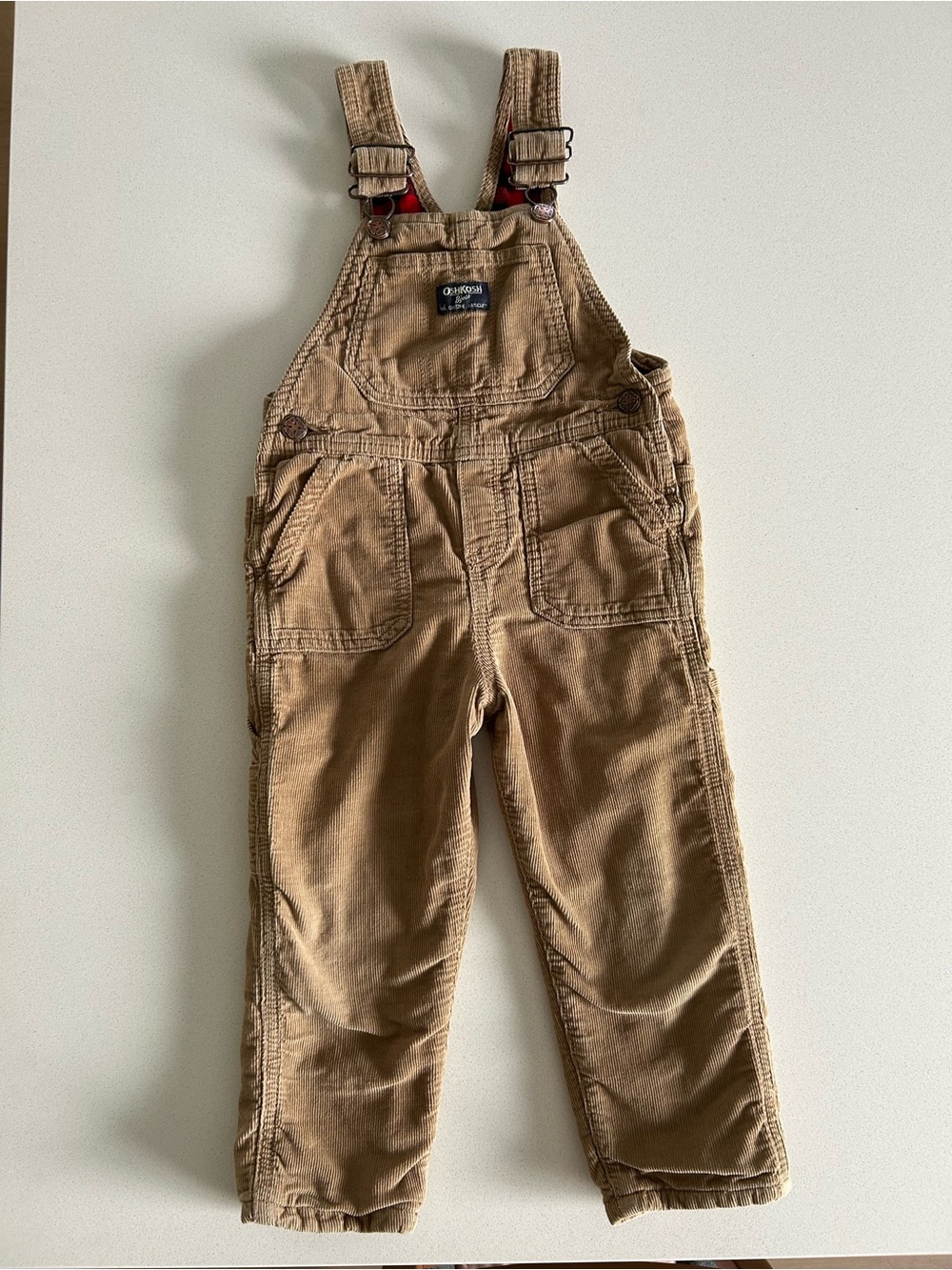 OshKosh B'gosh Tan Corduroy Overalls with Black Red inside